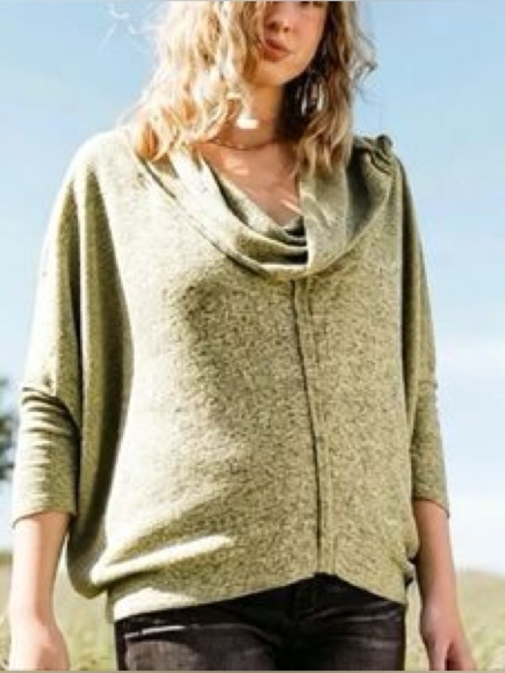 Easel Cowl Neck Half Sleeve Pullover Slouchy Sweater Women L Green Lagenlook